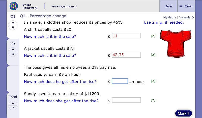 Screen shot of MyiMaths - Save button