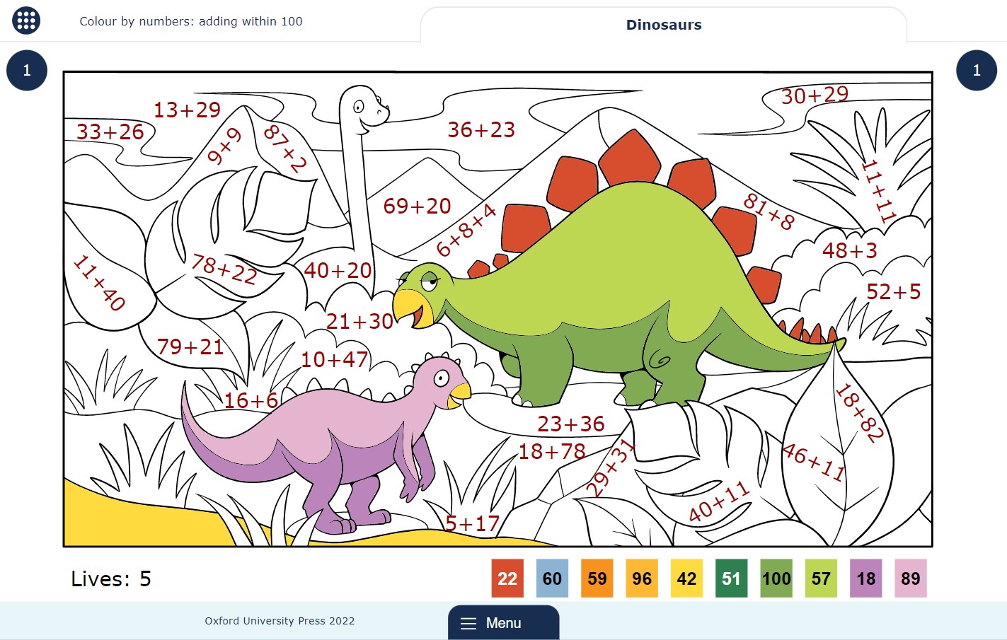 Partially completed colour by numbers game showing a dinosaur design labelled with addition calculations involving one-digit and two-digit numbers