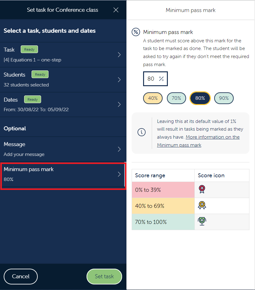A screenshot of the allocation screen showing the minimum pass mark highlighted and 80% selected