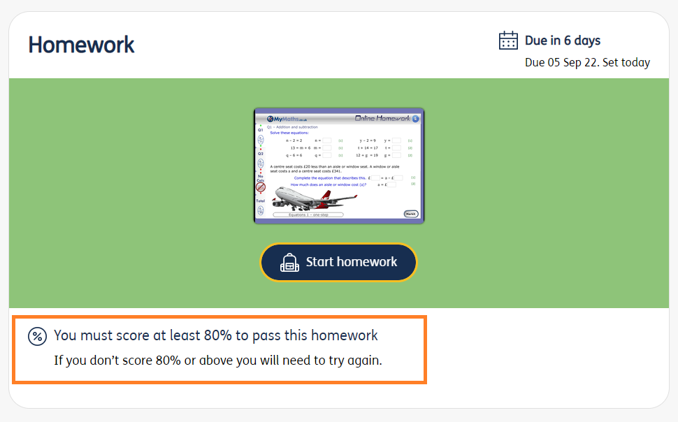 A screenshot of a primary student’s homework screen showing the required minimum pass mark.