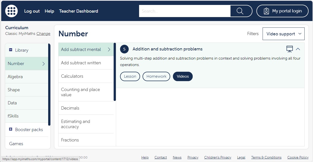 A MyiMaths page with the side menu open and showing the videos buttons.